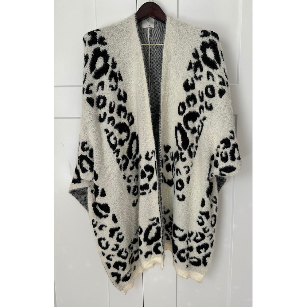 Joie Leopard Print Eyelash Knit Cardigan Wrap Cream Black Animal Open Front OS